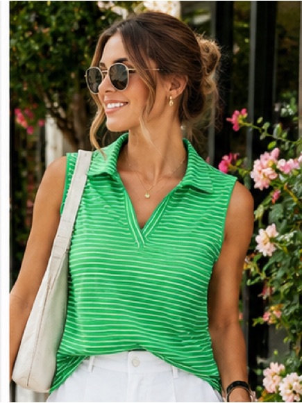 Lady Hagen Green & White Striped Polo Shirt